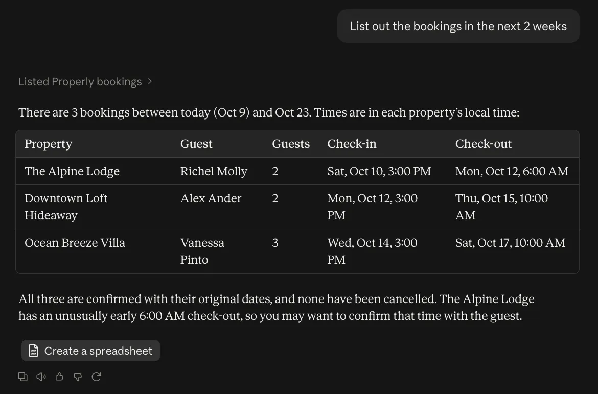 Claude listing the next two weeks of bookings from Properly in a table of property, guest, number of guests, check-in and check-out