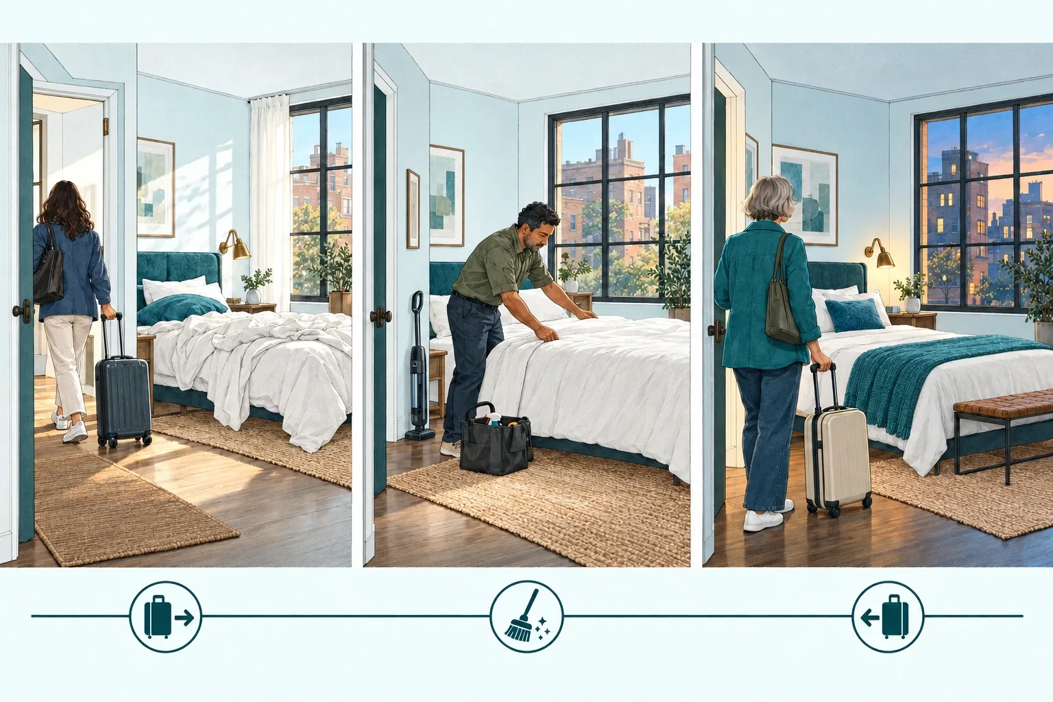 Three-panel illustration of a guest departing, a local professional preparing the bedroom, and the next guest arriving.