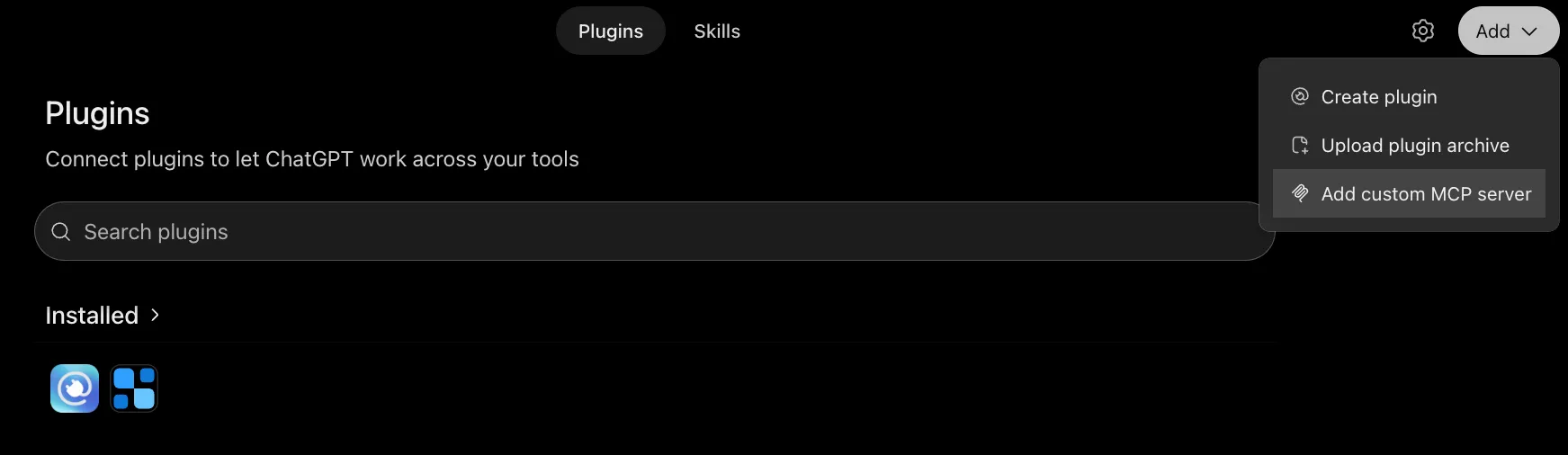 ChatGPT's Plugins page with the Add menu open on Add custom MCP server