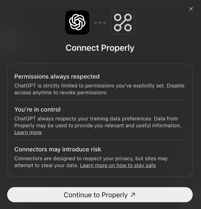 ChatGPT's Connect Properly dialog with the Continue to Properly button
