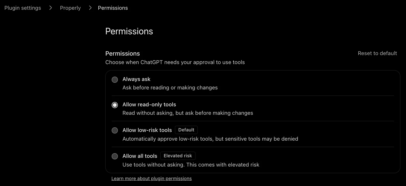 Properly's permissions in ChatGPT with Allow read-only tools selected