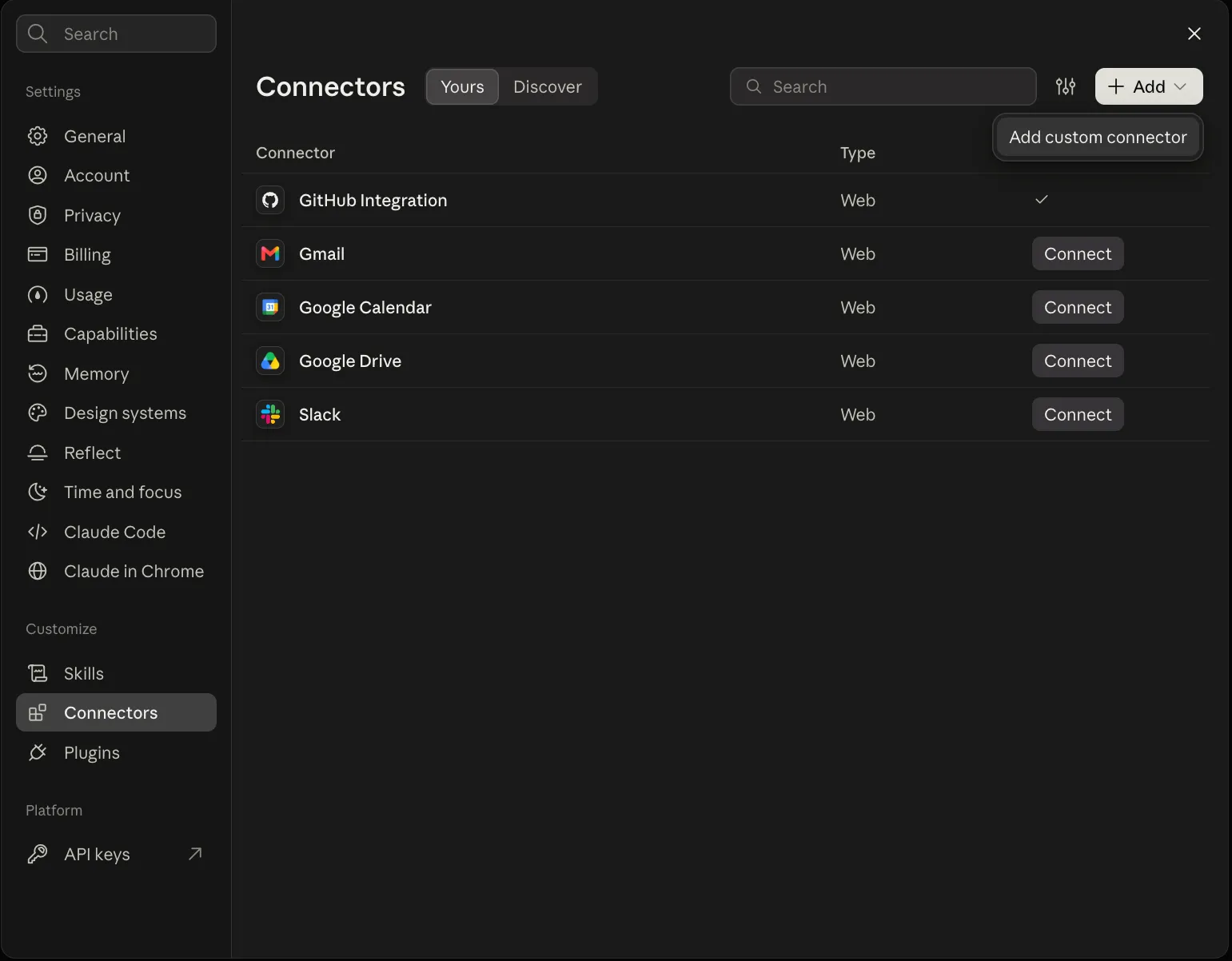 Claude's Connectors settings with the Add menu open on Add custom connector