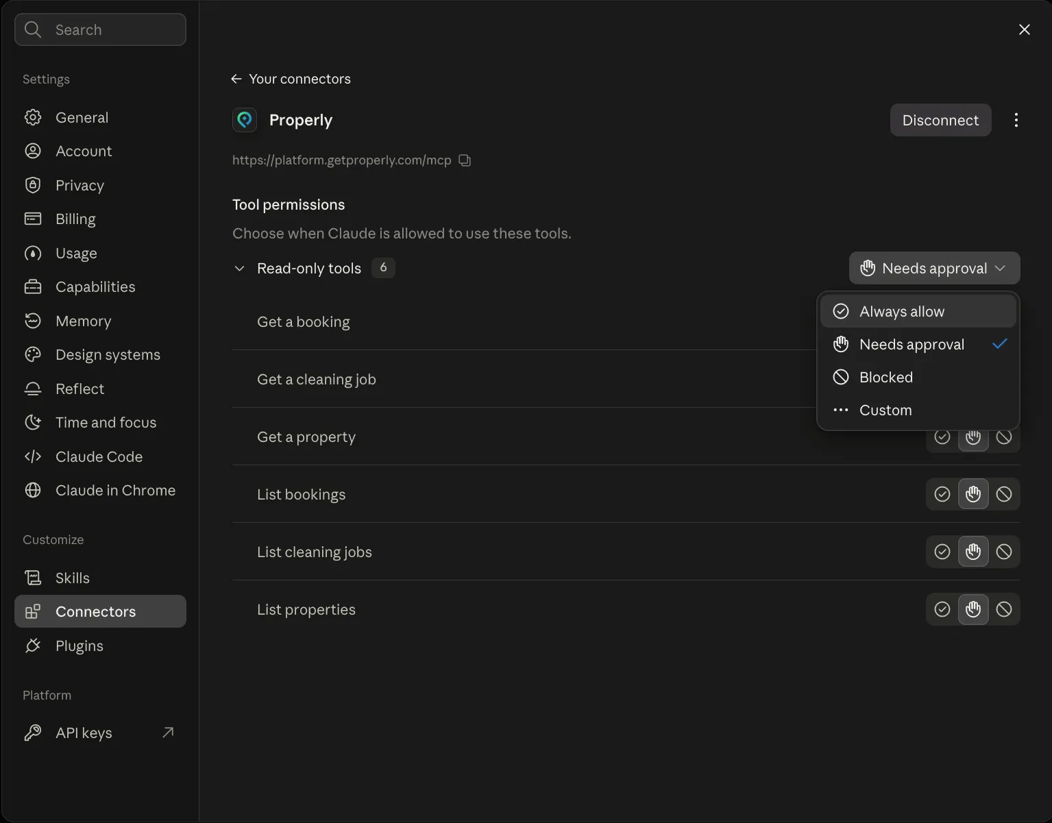 Properly's connector page in Claude with the Read-only tools permission menu open on Always allow