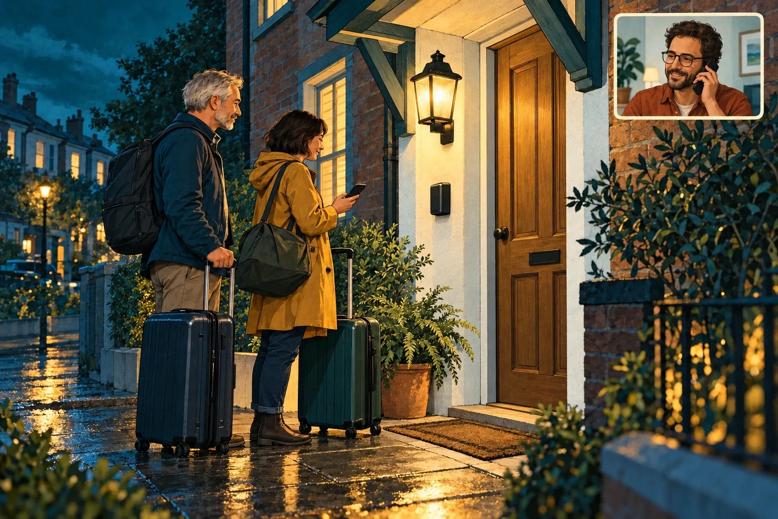 Illustration of guests arriving at a rental at night while a separate remote support specialist speaks on the phone.