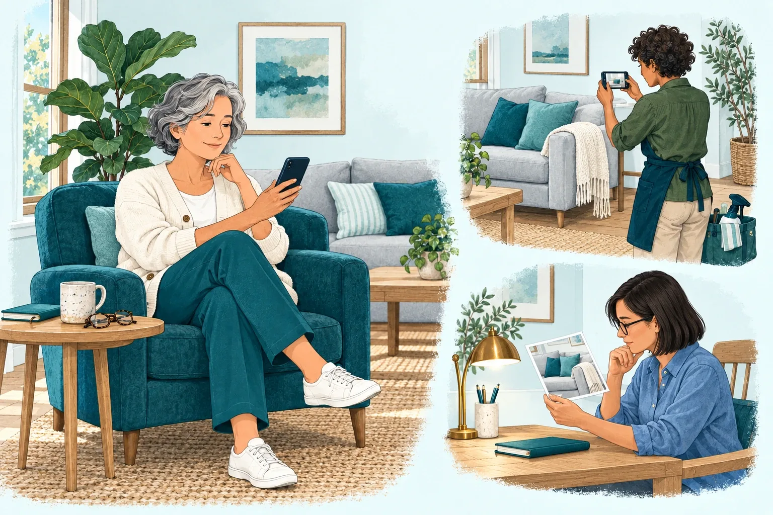 Illustration of an owner checking a phone while a local provider photographs a room and a separate remote reviewer examines the image.