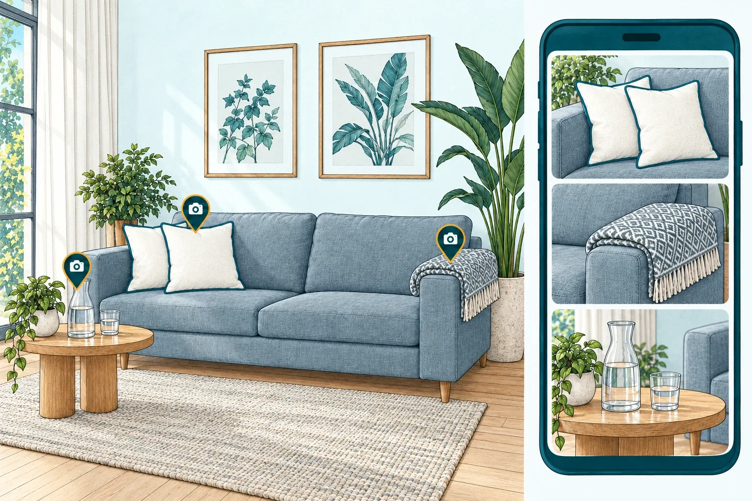 Illustration of a living room with photo markers on cushions, a throw, and a water carafe, beside matching illustrated close-ups.