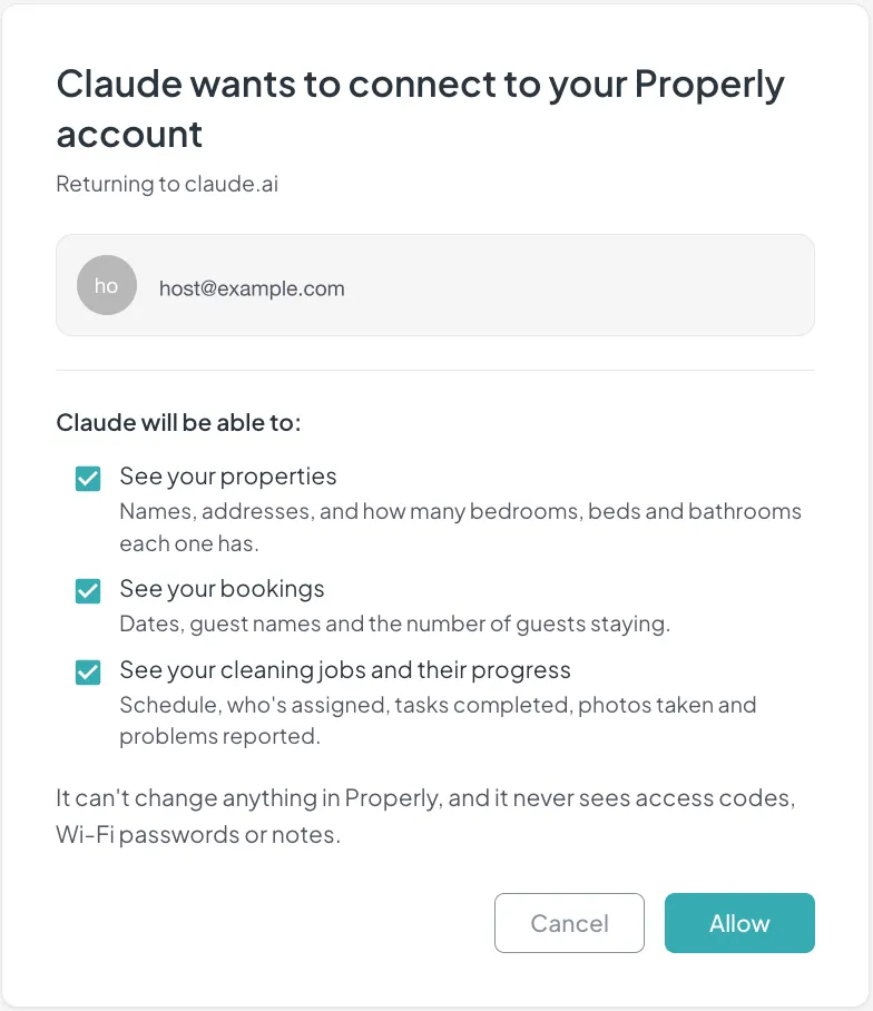 Properly's consent page listing what the assistant will be able to see, with Cancel and Allow buttons