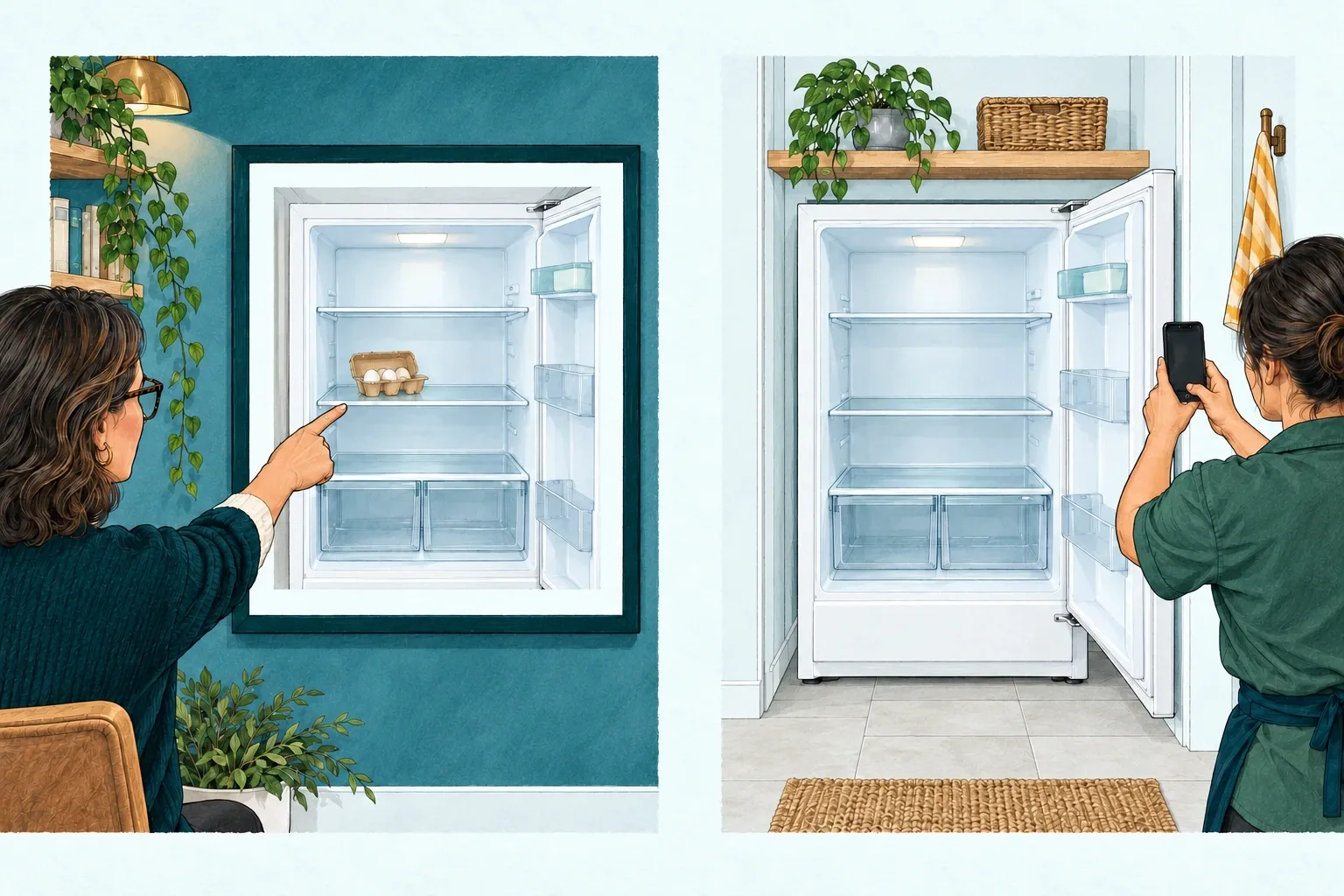 Illustration of a remote reviewer pointing to an egg carton in a refrigerator photo, followed by a local provider photographing the same refrigerator after the carton is removed.