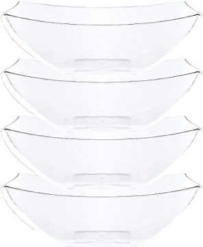 PLASTICPRO Disposable 128 ounce Square Serving Bowls, Party Snack or Salad Bowl, Extra Large Plastic Crystal Clear Pack of 4