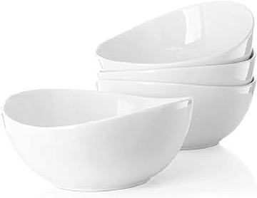 Partito Bella 42 Ounce Pro-Grade Porcelain Serving Bowls, Large Bowl Set of 4, White Bowls for Soup, Salad, Pasta, Cereal, Stackable for Easy Storage Dishwasher Safe