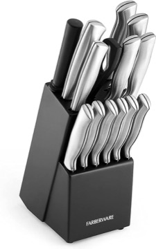 Farberware 5152497 15-Piece High-Carbon Stamped Stainless Steel Kitchen Knife Set with Wood Block, Steak Knives, Razor-Sharp, Black Visit the Farberware Store