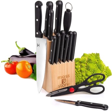 Moss & Stone Stainless Steel Serrated Knife Set, Premium Kitchen knives Set With High-Carbon Stainless Steel Blades And Wooden Block Set, Cutlery Knife Set, Kitchen Set. 14-piece Knife Set.
