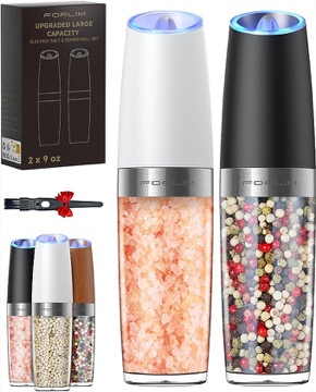 [Upgraded 9 Oz] FORLIM Gravity Electric Salt and Pepper Grinder Set, Battery Operated Automatic Salt and Pepper Shakers, Adjustable Coarseness, LED Light Stainless Steel Black - 2 Pack