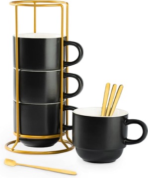 YHOSSEUN Porcelain Stackable Coffee Mug Set With Rack, Demitasse Cups with Espresso Spoons, 11 Oz For Coffee Drinks, Latte, Macchiato, Cafe Mocha Set of 4,Black