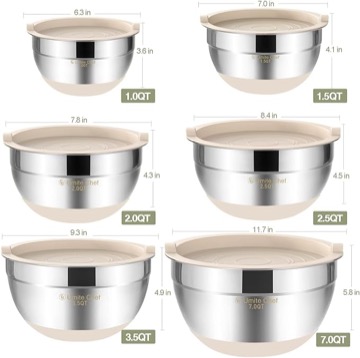 Umite Chef Mixing Bowls with Airtight Lids，6 piece Stainless Steel Metal Nesting Storage Bowls, Non-Slip Bottoms Size 7, 3.5, 2.5, 2.0,1.5, 1QT, Great for Mixing & Serving (Khaki)