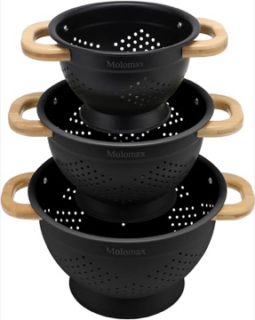 Molomax Metal Colander with Wood Handle | Set of 3 with Bamboo Handles | 1.5Q, 3Q, 5Q (Black Sesame Seed)