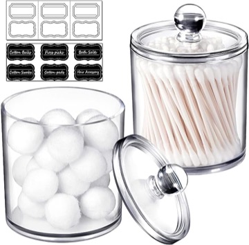 SheeChung 15 Oz Qtip Dispenser Apothecary Jars Bathroom with Labels - Storage Canister Clear Plastic Acrylic Jar for Cotton Ball,Cotton Swab,Q-tips,Cotton Rounds (2 Pack，Small )